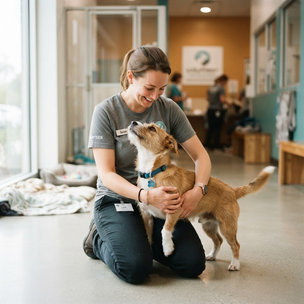 A volunteer holding a happy rescue dog in a bright shelter