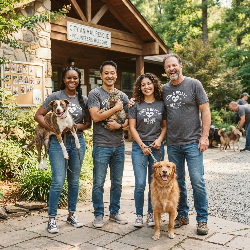 A team of rescue volunteers standing together outside a shelter with dogs and a cat